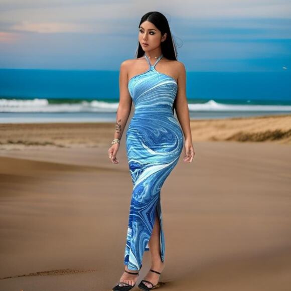 New XS Blue Swirl Y2k Bodycon Halter Beach Dress Fitted‎ Maxi Long Baby Summer - Picture 3 of 3